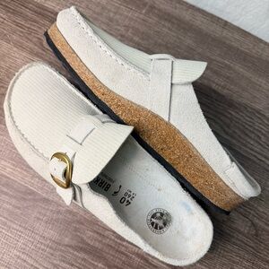 Birkenstock Buckley Corduroy Antique White Cream Suede Cork Mule Clogs 40 9/9.5